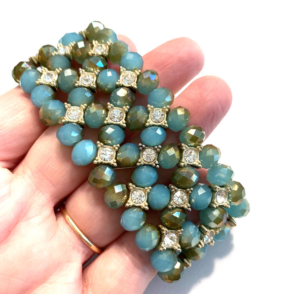 Beaded Stretch Bracelet Thick Aqua Blue Green Faceted beads & white rhinestones - Picture 5 of 7